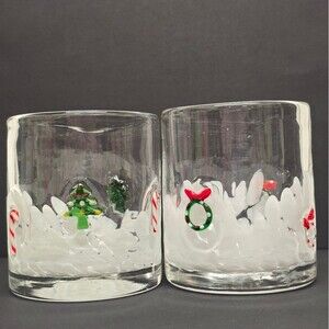 Bow Icons And Candy Canes White Confetti Frosted Christmas Glasses